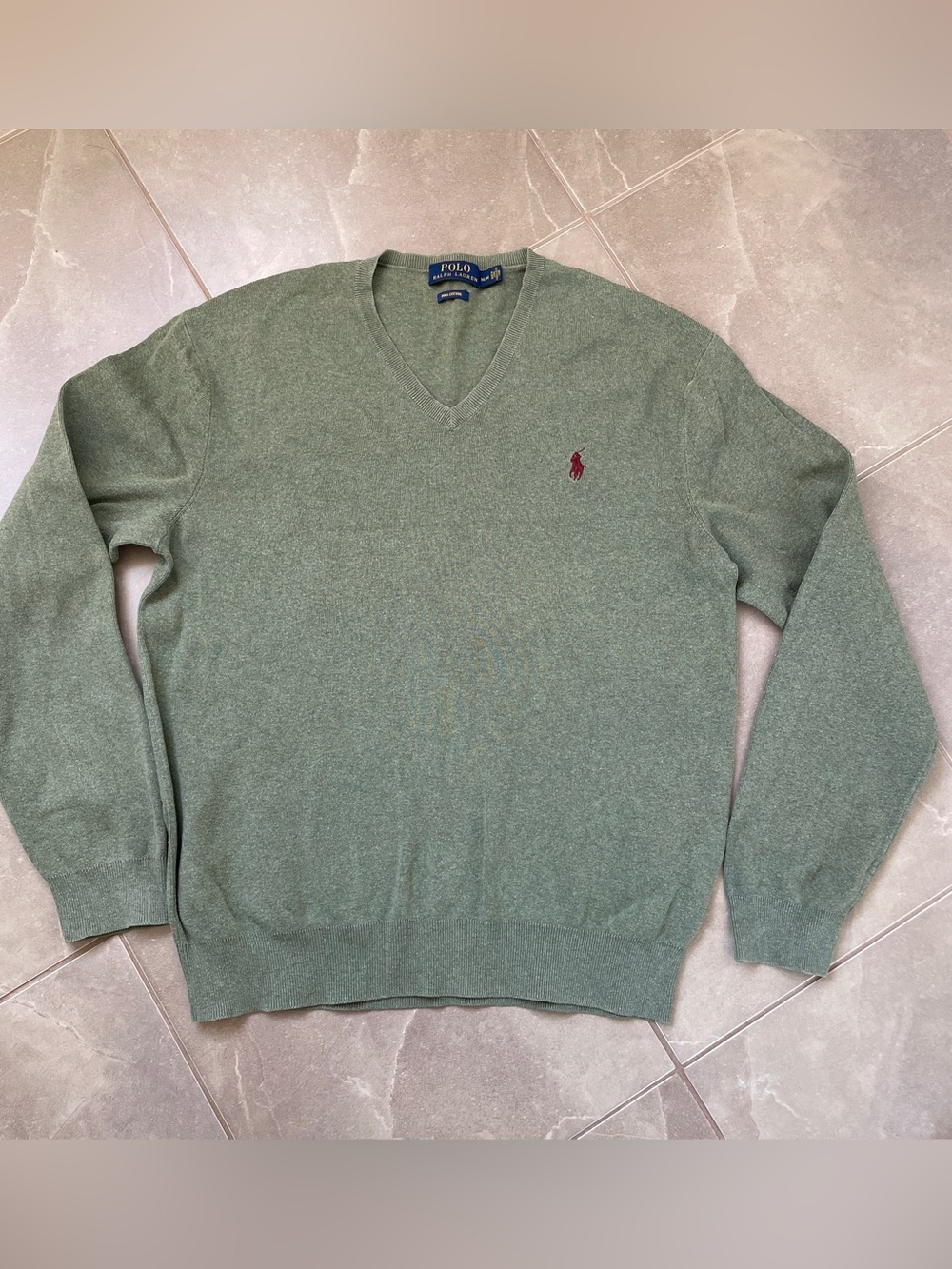 Polo by Ralph Lauren V-Neck Sweater in Olive Green with Red Pony